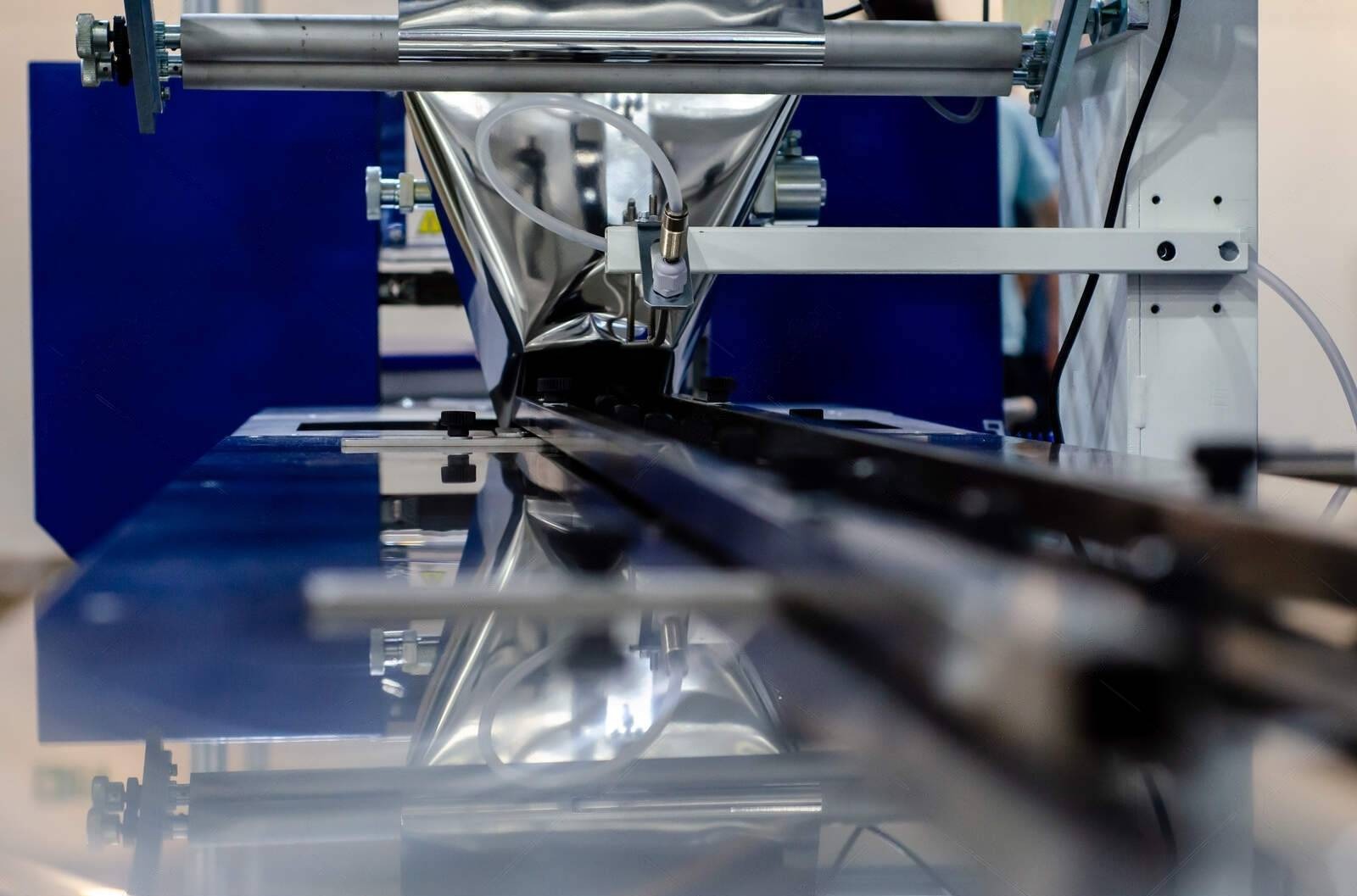 Blue industrial packaging machine forming reflective plastic film
