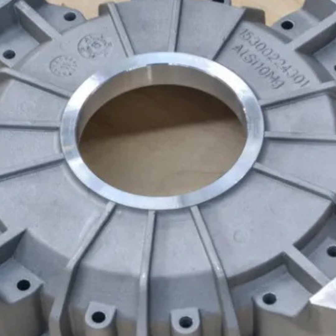 Cast aluminum production mold with radial ribs and machined center bore